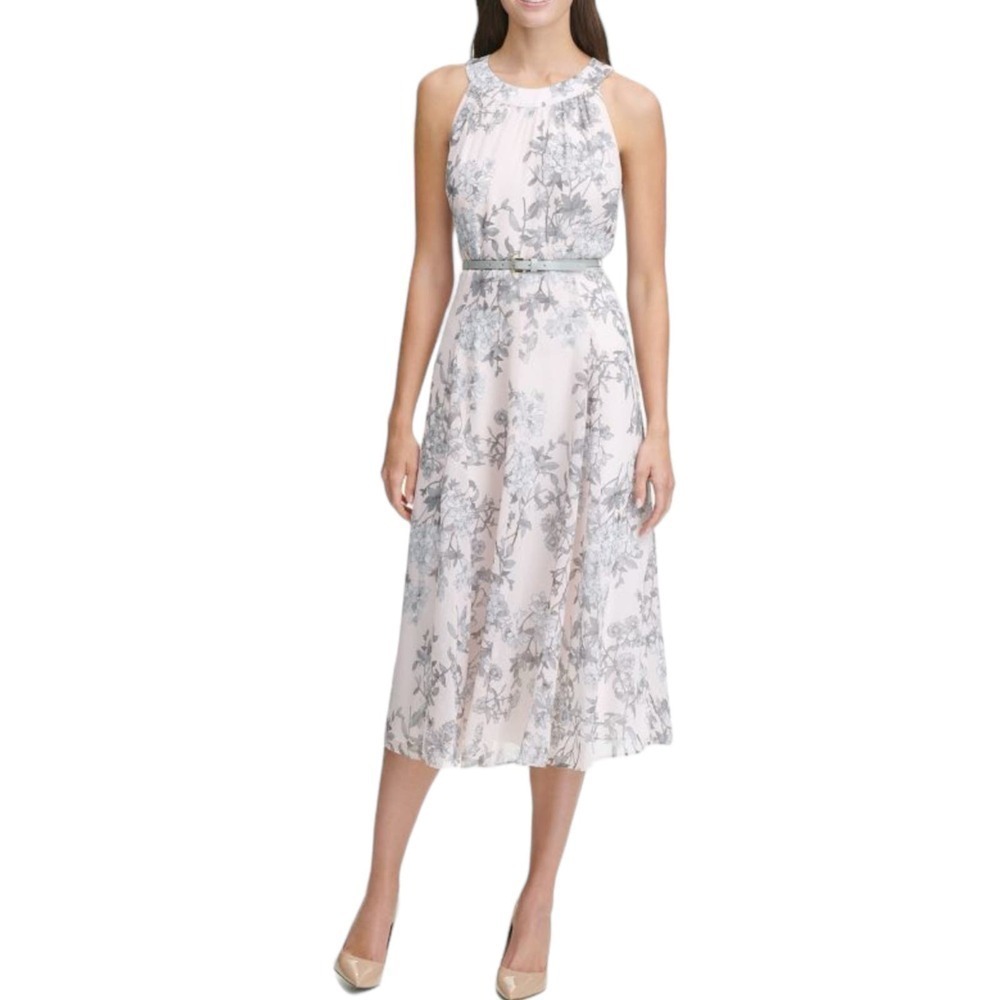 New Women’s Tommy Hifilger Diana Floral-Print Belted Chiffon A-Line Dress Size 2